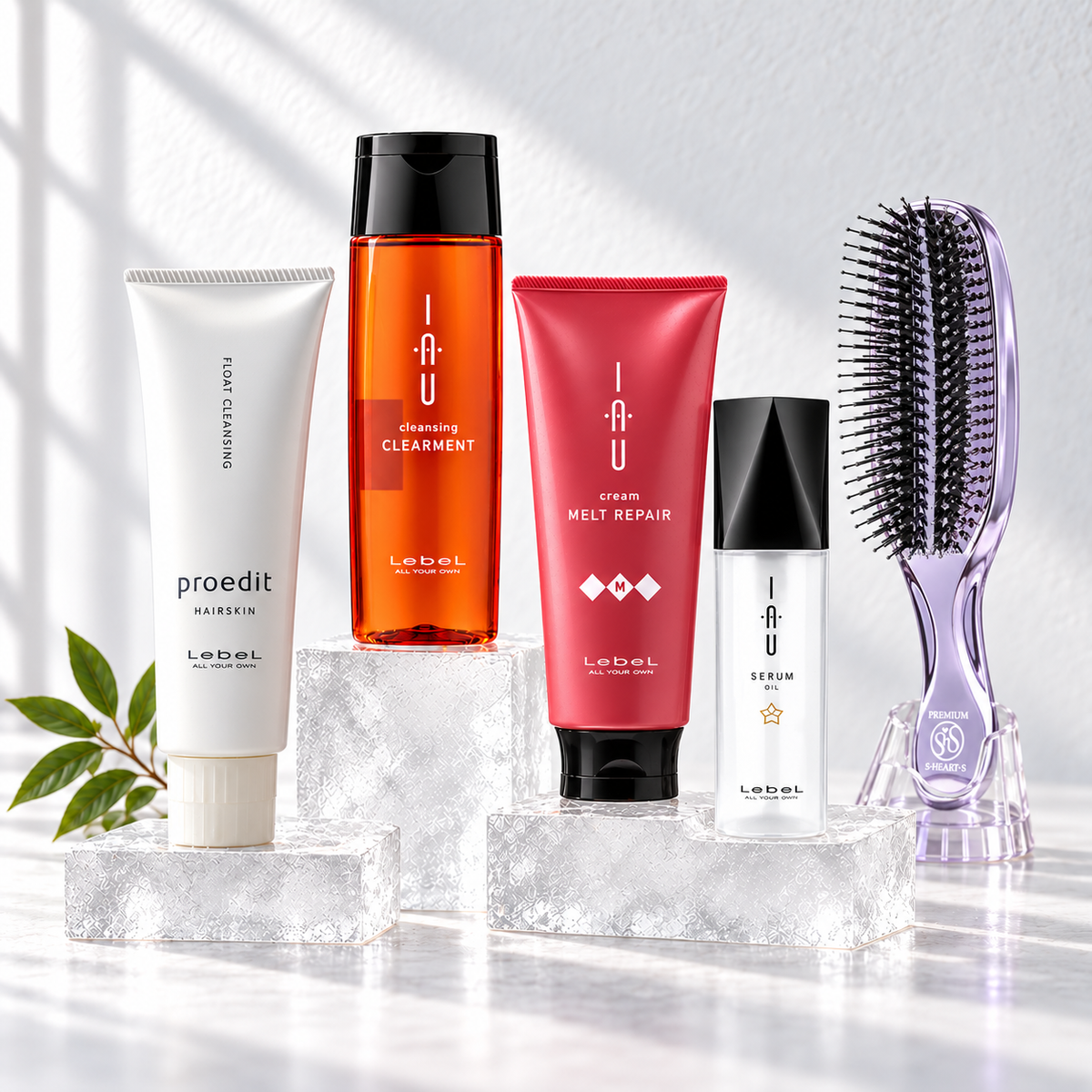 Japanese Cosmetics – zestaw do pielęgnacji włosów Lebel z peelingiem Proedit, szamponem IAU Clearment, maską Melt Repair, olejkiem Serum Oil oraz szczotką S‑HEART‑S Premium.