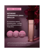AXXZIA AGTheory Silky Emulsion – jedwabiście lekka emulsja: gładka jedwabista tekstura, głębokie nawilżenie i moc glikacji, infografika na fioletowym tle