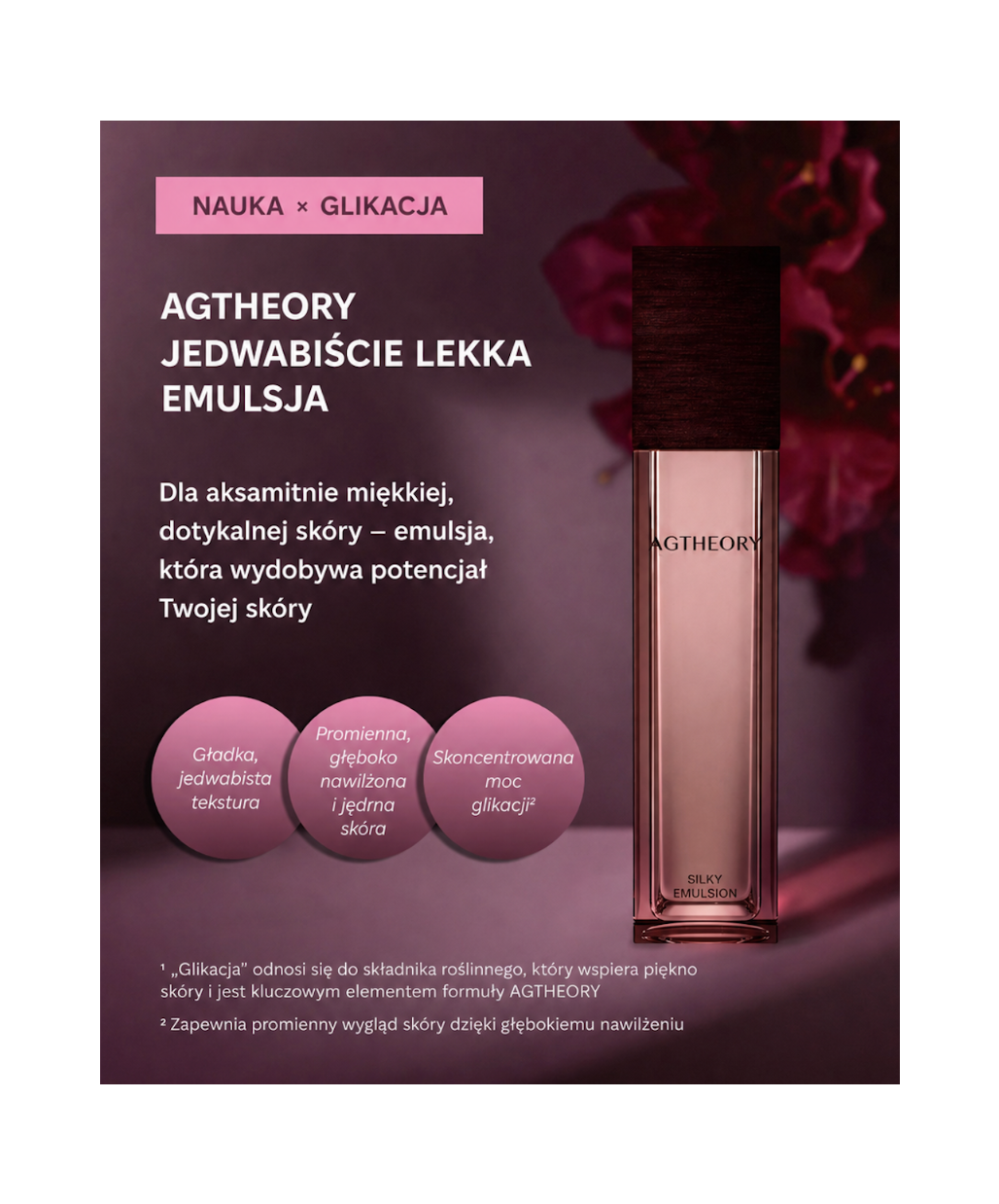 AXXZIA AGTheory Silky Emulsion – jedwabiście lekka emulsja: gładka jedwabista tekstura, głębokie nawilżenie i moc glikacji, infografika na fioletowym tle