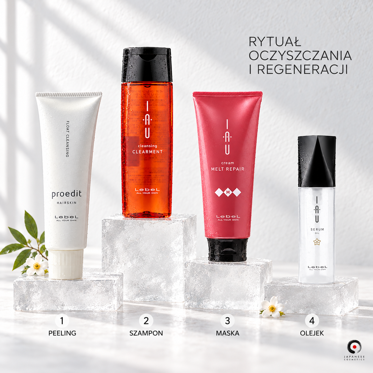 Japanese Cosmetics – rytuał oczyszczania i regeneracji włosów z peelingiem Proedit, szamponem IAU Clearment, maską IAU Melt Repair i olejkiem IAU Serum Oil.