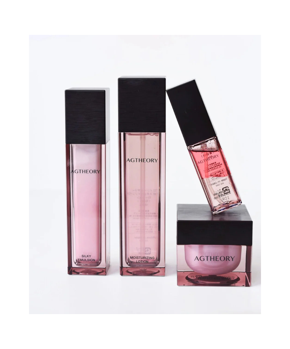 AXXZIA AGTheory – kompletna linia pielęgnacyjna: Rich Cream, Balance Oil Essence, Silky Emulsion i Moisturizing Lotion