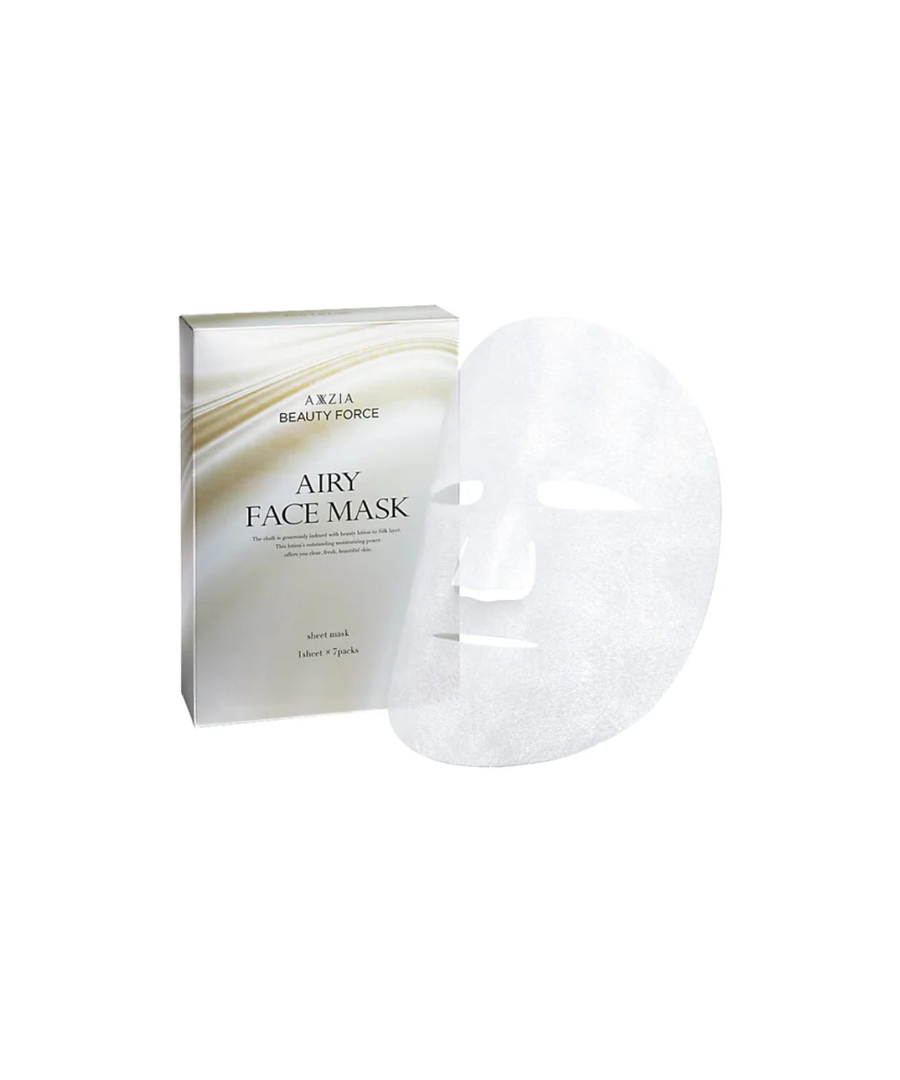 AXXZIA Beauty Force Airy Face Mask – saszetka i rozłożona maska w płacie, widok produktu