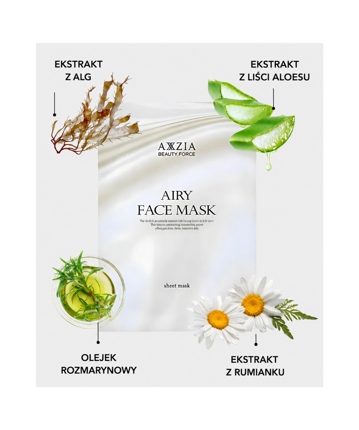 AXXZIA Beauty Force Airy Face Mask – składniki aktywne: ekstrakt z alg, aloes, rumianek i talg biomarynowy, opis działania maski