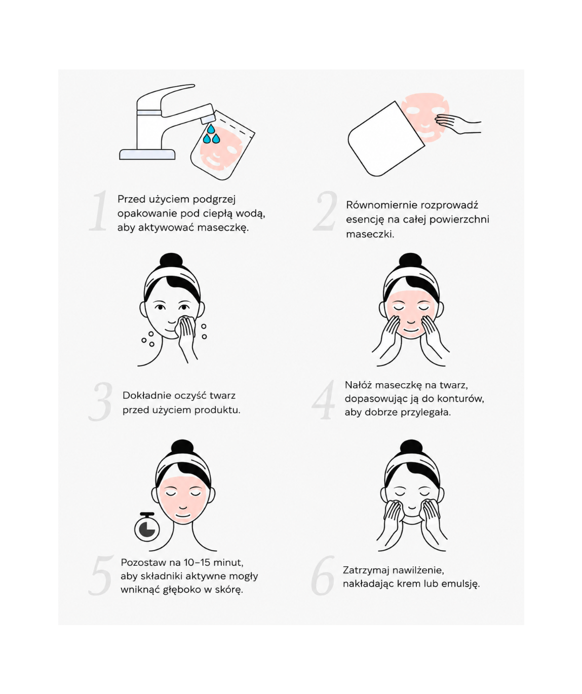AXXZIA Beauty Force Airy Face Mask – 6 kroków użycia: podgrzej opakowanie, rozprowadź esencję, oczyść twarz, nałóż maskę, pozostaw 10-15 minut, nałóż krem lub emulsję