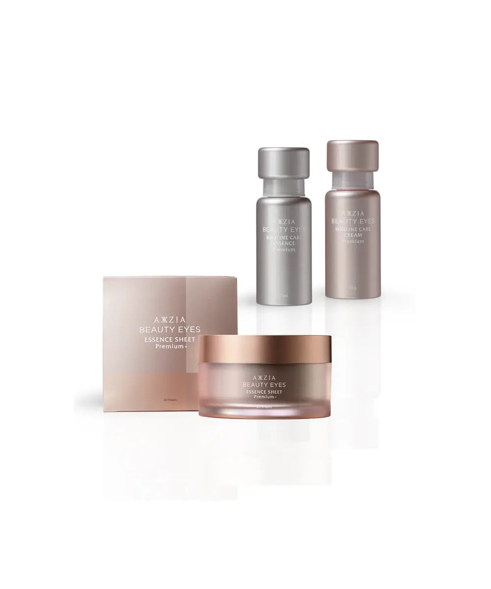 Zestaw AXXZIA Beauty Eyes do kompleksowej pielęgnacji okolic oczu – płatki Essence Sheet Premium+ 60 szt., esencja Routine Care Essence Premium 15 ml i krem Routine Care Cream Premium 15 g