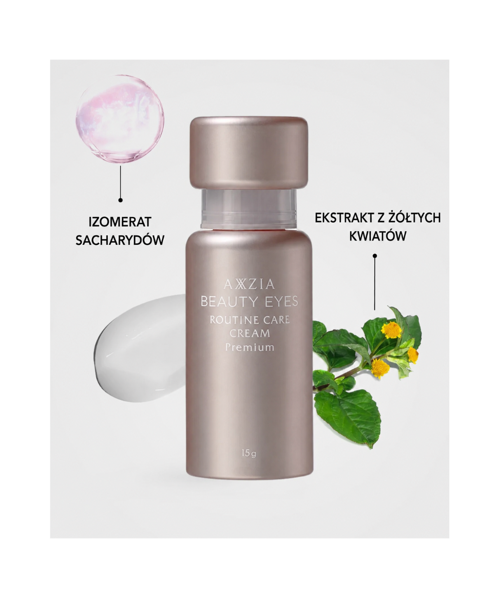 AXXZIA Beauty Eyes Routine Care Cream Premium – składniki aktywne: izomerat sacharydów i ekstrakt z żółtych kwiatów,