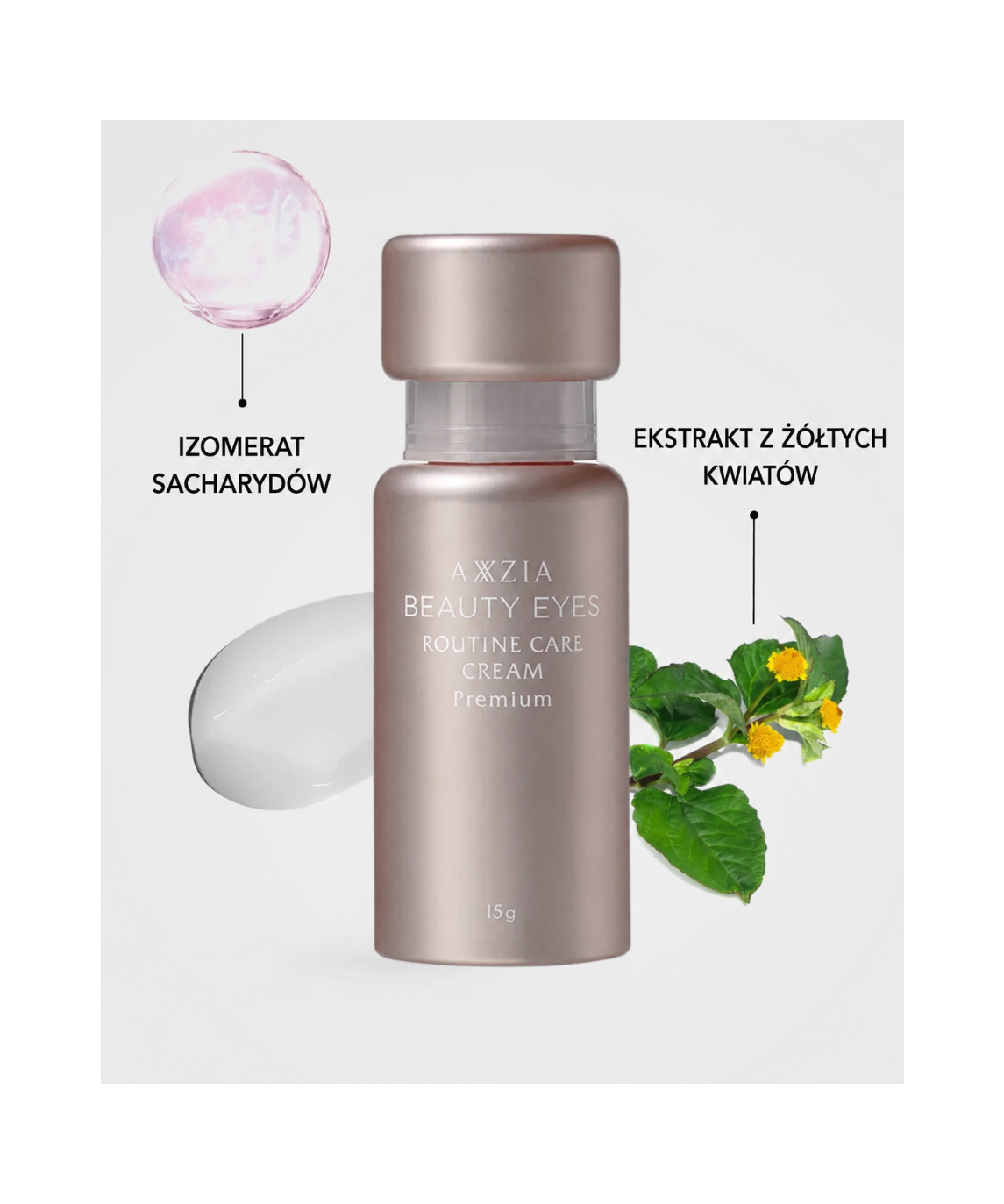 AXXZIA Beauty Eyes Routine Care Cream Premium – składniki aktywne: izomerat sacharydów i ekstrakt z żółtych kwiatów,