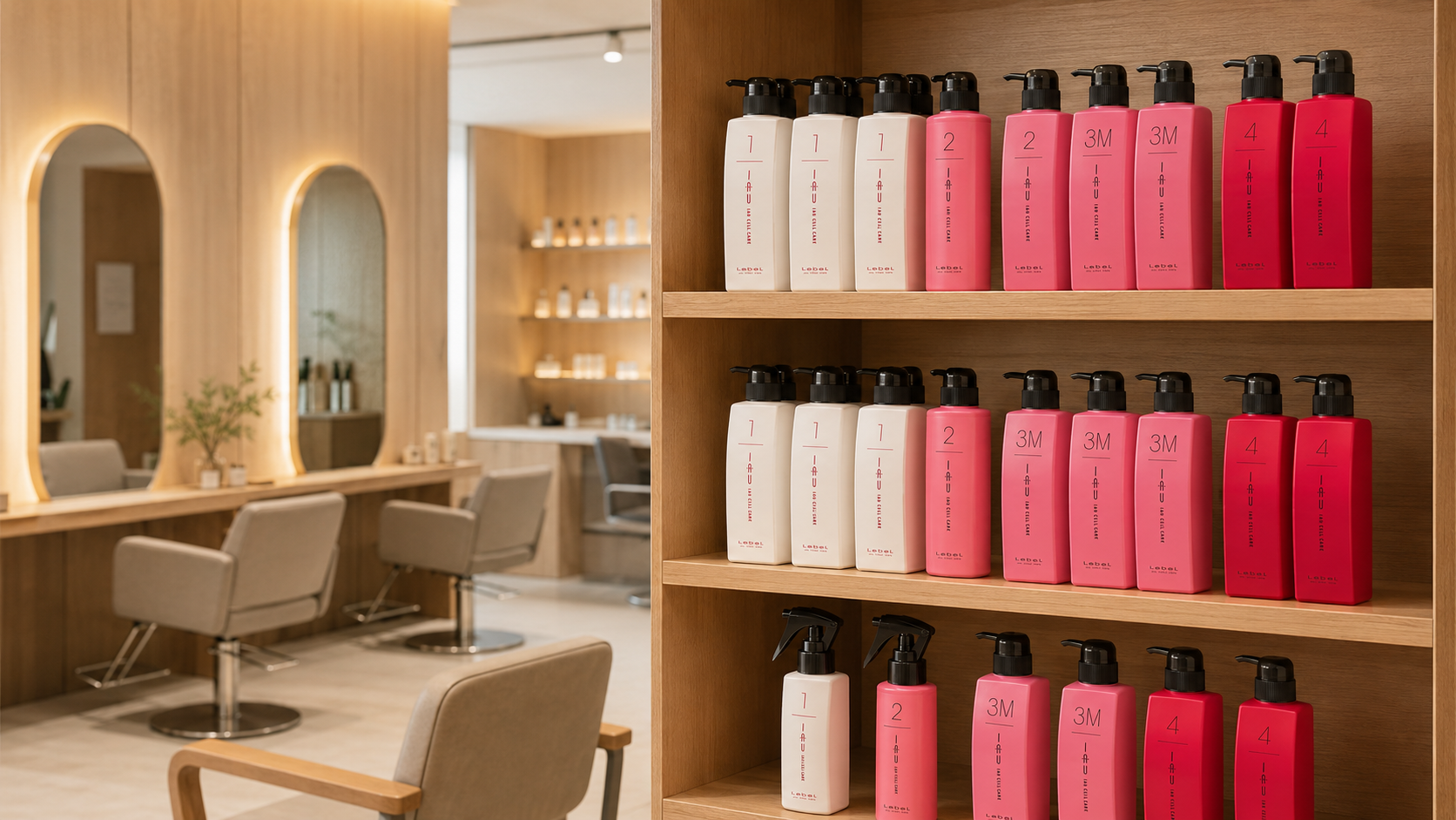 B2B Partnership section – Lebel IAU Cell Care professional hair treatment products displayed on wooden shelves in a modern beauty salon.