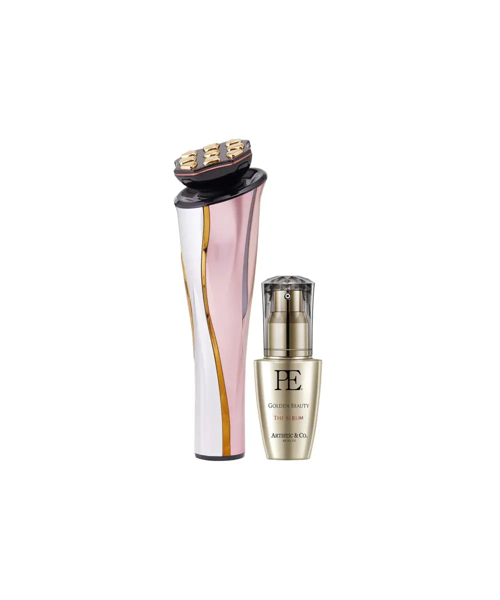 Dr. Arrivo The Zeus II Pink i PE Golden Beauty The Serum – japoński aparat kosmetyczny w różowo-złotym kolorze z serum