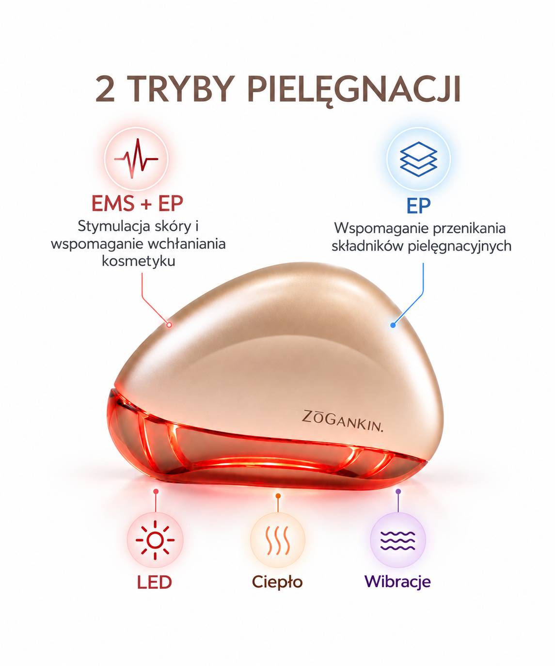 ZOGANKIN KASSA – infografika przedstawiająca dwa tryby pielęgnacji EMS + EP i EP oraz funkcje LED, ciepła i wibracji