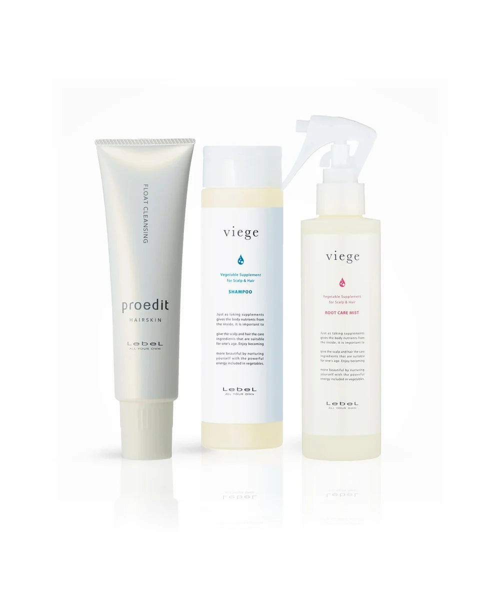 Zestaw LebeL Hair Growth Super Volume: Proedit Float Cleansing, szampon Viege i Viege Root Care Mist na białym tle