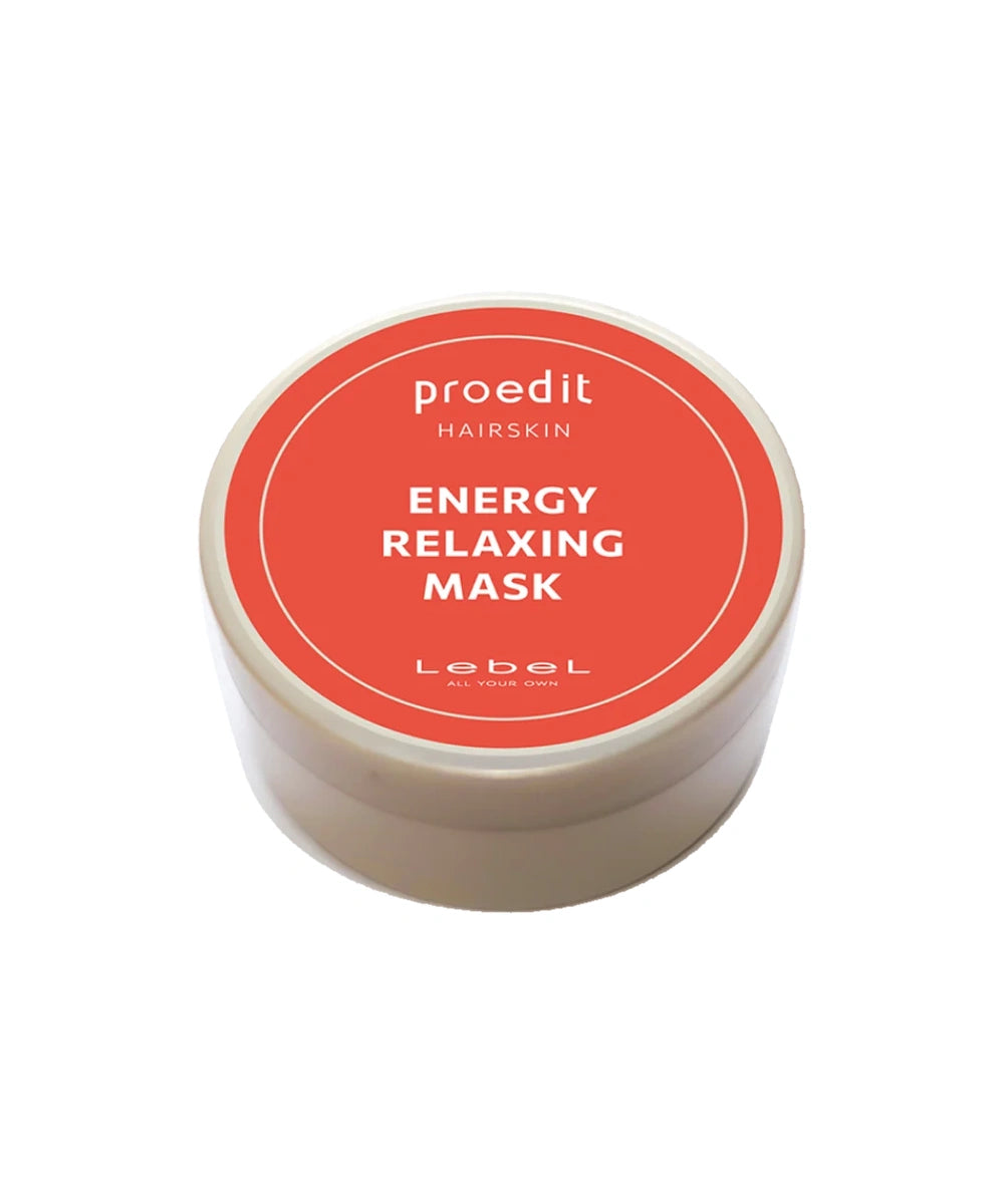 Maska LebeL Proedit Hairskin Energy Relaxing w okrągłym słoiczku z czerwoną etykietą na białym tle.
