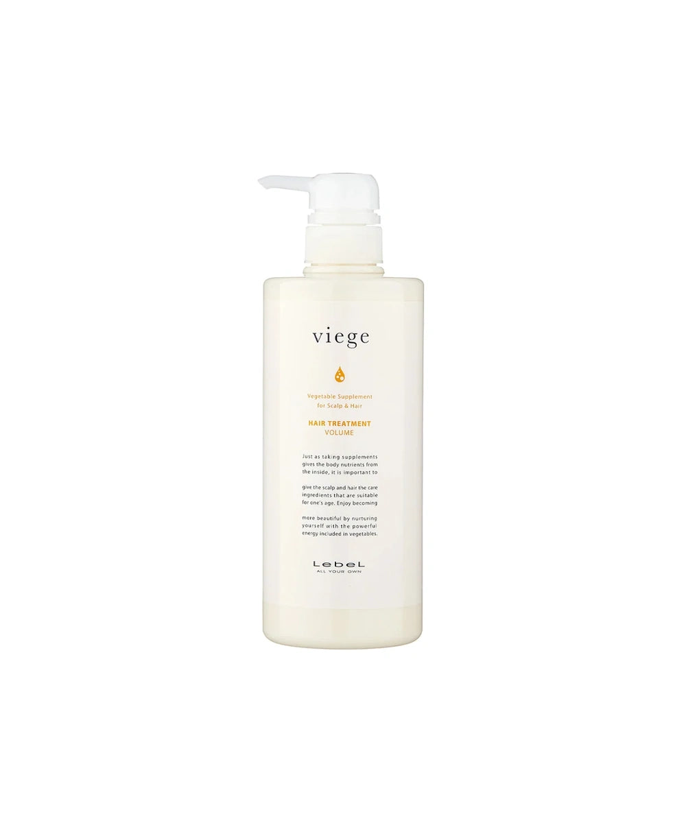lebel_viege_volume_pump_q96.webp	Odżywka LebeL Viege Hair Treatment Volume w jasnej butelce z pompką na białym tle.