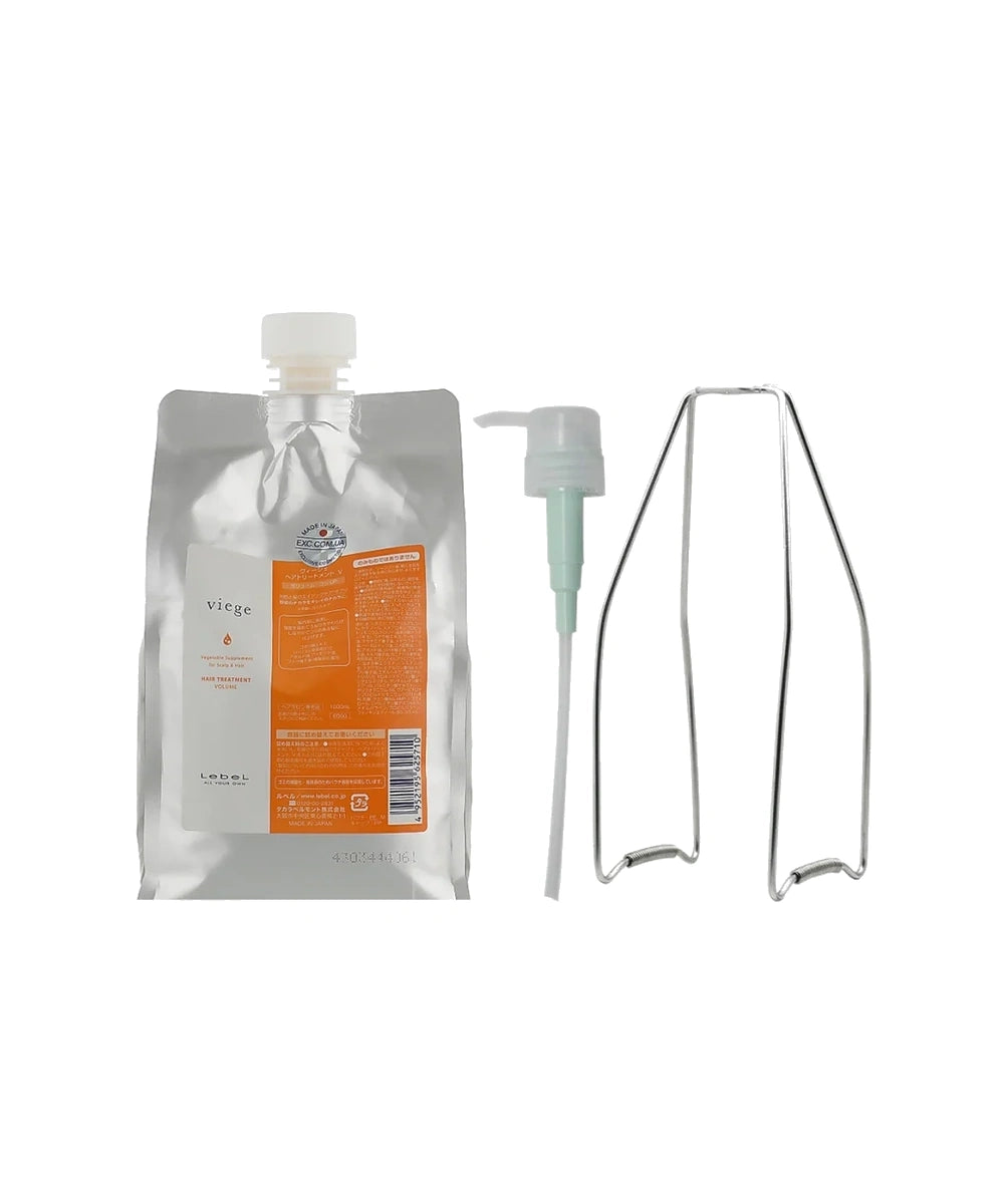 LebeL Viege Hair Treatment Volume 1000 ml z metalowym stojakiem i pompką na białym tle